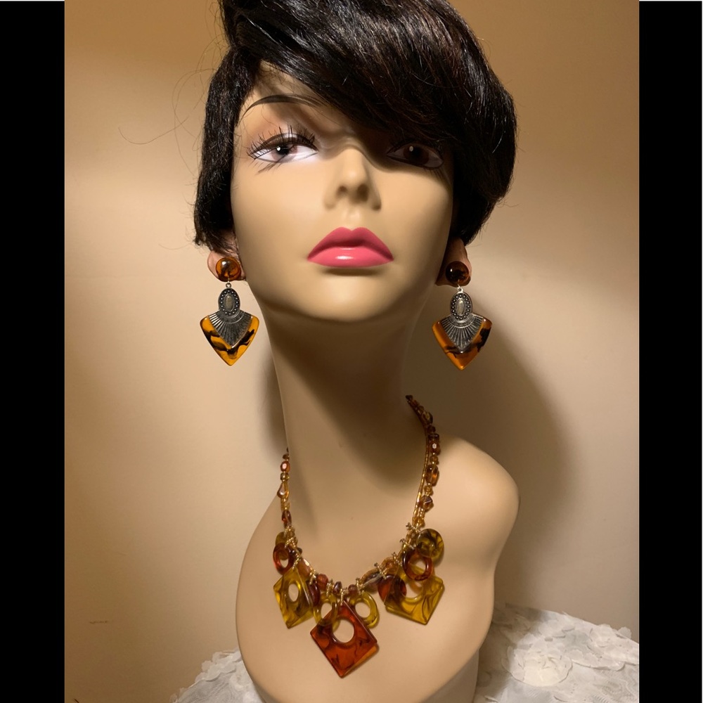 Vintage Jewelry Set Tortoise Earrings & Necklace